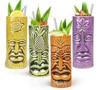 SuproBarware Lot de 4 Tasses Tiki en Céramique, Verres à Cocktail Exotiques avec Pailles, Gobelets pour Fête Hawaïenne Mai Tai Pina Colada, Accessoires de Bar Professionnel