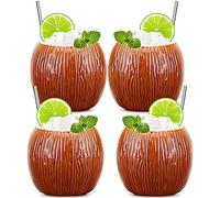 SuproBarware Set de 4 Tiki Mugs Coco en céramique, verres à cocktails tropicaux, lot de tasses tiki pour boissons exotiques et cocktails hawaïens, design noix de coco, ambiance festive et estivale