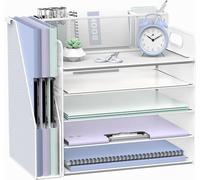 SUPTIDY Organisateur de bureau avec porte-dossiers, 5 étages, Organisateur de bureau avec 3 porte-stylos, Bac à courrier en papier pour le bureau, la maison, l'organisation et le rangement, Blanc