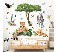 Supzone Stickers Muraux Enfant Jungle Animaux Sauvage Arbre Grands Autocollant Mural Zèbre Tigre Léopard Déco Murale pour Garçon Chambre Enfant Nursery Salle de Jeu