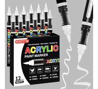 Surcotto Feutre Acrylique Blanc, 12 Marqueur Acrylique avec pinceau flexible, Liquide Direct Acrylic Paint Marker, Stylo Acrylic pour Coloriage, Bois, Pierre, Toile, Céramiqu