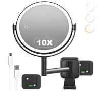 SURFOU Miroir Cosmétique Mural sans Perçage, Double Face 10X/1X Grossissement, 3 Couleurs et Luminosité Réglables, 360° Pivotant, Ventouse Forte, USB Rechargeable pour Salle de Bain