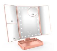 SURFOU Miroir de Maquillage Lumineux Professionnel - Miroir Tripliant Pliable avec 24 LEDs, Grossissement 1X/2X/3X/10X, Écran Tactile, Rotation 180°, Alimentation Double (USB/Batterie) - Or Rose