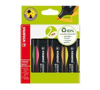 STABILO Surligneurs Green Boss – Pointe biseautée 2/5 mm – 83% de matière recyclée – Pochette de 4