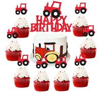 Sursurprise Lot de 12 décorations de gâteau tracteur rouge pour garçons et filles - Décorations de gâteau d'anniversaire sur le thème du tracteur de 2 à 3 ans
