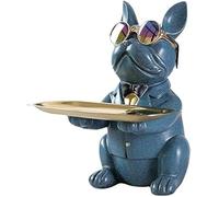 suruim Bouledogue Statue Chien avec Plateau Décoratif - Plateau de Rangement en Résine pour Clés, Friandises et Décoration, Decoration Maison Moderne Deco Interieur Maison (Bleu)