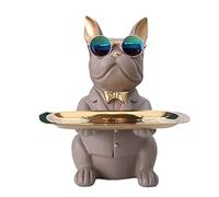 suruim Bouledogue Statue Chien avec Plateau Décoratif - Plateau de Rangement en Résine pour Clés, Friandises et Décoration, Decoration Maison Moderne Deco Interieur Maison (Marron)