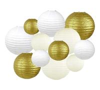 Surwin 12pcs Lanternes Papier Chinois, Lanternes en Papier à Suspendues, Boule Ronde Abat-Jour, Lanterne Decorative pour Intérieurs Extérieurs Mariages Fêtes et Événements (Coquille d'œuf/Blanc/Or)