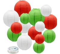 Surwin 15pcs Lanternes Papier Chinois, Intérieurs Lanternes en Papier à Suspendues, Boule Ronde Abat-Jour, Lanterne Decorative pour Mariages Événements et Fêtes (Vert/Rouge/Blanc)