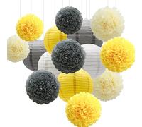 Surwin 15pcs Lanternes Papier Chinois, Lanternes en Papier à Suspendues, Boule Ronde Abat-Jour, Lanterne Decorative pour Intérieurs Extérieurs Mariages Événements et Fêtes (Noir/Jaune/Blanc)