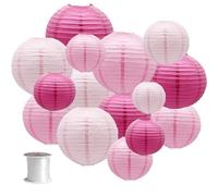Surwin 15pcs Lanternes Papier Chinois, Lanternes en Papier à Suspendues, Boule Ronde Abat-Jour, Lanterne Decorative pour Intérieurs Extérieurs Mariages Fêtes et Événements (Série Rose)