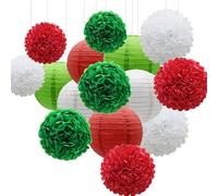 Surwin 15pcs Lanternes Papier Chinois, Lanternes en Papier à Suspendues, Boule Ronde Abat-Jour, Lanterne Decorative pour Intérieurs Extérieurs Mariages Événements et Fêtes (Vert/Rouge/Blanc)