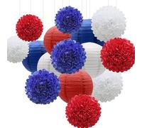 Surwin 15pcs Lanternes Papier Chinois, Lanternes en Papier à Suspendues, Boule Ronde Abat-Jour, Lanterne Decorative pour Intérieurs Extérieurs Mariages Événements et Fêtes (Bleu/Rouge/Blanc)