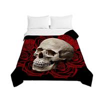 Surwin Couvre Lit Matelassé pour 1/2 Personnes, Motif de Crâne 3D Dessus de Lit Réversible Couverture de lit Doux Microfiber Jeté de Lit Couvre-lit Printemps Été (Rose Rouge Sang,180x220cm)