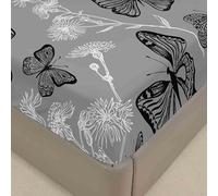 Surwin Drap Housse 180x200, Gris Papillon Imprimé Draps Housses en Microfibre, Doux Protege Matelas avec Une Rebord Élastique, Lavable Ajustable Protection Matelas avec Bonnet 30 cm