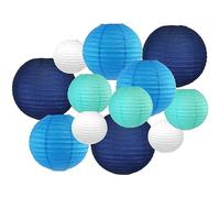 Surwin Lanternes Papier Chinois, 12pcs Lanternes en Papier à Suspendues, Boule Ronde Abat-Jour, Lanterne Decorative pour Intérieurs Extérieurs Mariages Anniversaires Fêtes et Événements (Bleu/Blanc)
