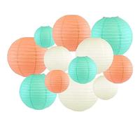 Surwin Lanternes Papier Chinois, 12pcs Lanternes en Papier à Suspendues, Boule Ronde Abat-Jour, Lanterne Decorative pour Intérieurs Extérieurs Fêtes Mariages et Événements (Peach/Seafoam)