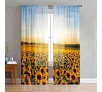 Surwin Lot de 2 Rideau Voilage, Rideaux Voilage, 3D Tournesol Romantique Rideau à Oeillets, Transparent Rideaux Salon Moderne pour Décorer Salon, Chambre, Cuisine, Fenêtre (Tournesol,W107xH160cm)