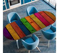 Surwin Nappe Ovale avec Bord Élastique, Nappe de Table Ovale Protection Anti-Taches Couverture de Table Extensible pour Cuisine Jardin Exterieur Intérieur -3D Grain de Bois (Arc-en-Ciel,122x183cm)