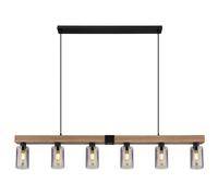 Suspension aspect bois lampe de table à manger 6 flammes suspension salon, verre fumé métal noir, 6x E27, LxH 140x120 cm