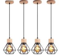 Suspension Cage Diamant en Métal et Bois Noir - WOTTES - Lot de 4 - 40W - E27