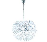 Suspension chromée, abat-jour en acrylique blanc avec des éléments décoratifs en forme de fleurs et des pierres transparentes, diamètre : 55 cm, 5 douilles E14, puissance maximale : 40W, référence : L