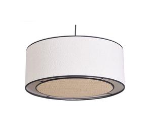 Suspension cylindrique en tissu effet laine bou blanc et rabane naturelle D50 cm TRAVES