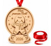 Suspension De Noël En Bois, Pain D'Épices En Relief, Mon Premier Noël | Format 10 x 10 x 1 cm, ruban rouge inclus, silhouette de boule à neige pour le sapin et les cadeaux de famille