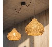 Suspension d'extérieur Lucande Taniola, à 2 lampes, beige, rotin, IP44 Taniola Lucande, dimmable, bois clair, Bois, Maison de campagne / Rustique