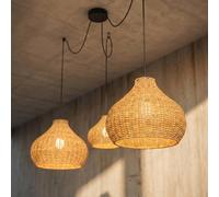 Suspension d'extérieur Lucande Taniola, à 3 lampes, beige, rotin, IP44 Taniola Lucande, dimmable, bois clair, Bois, Maison de campagne / Rustique