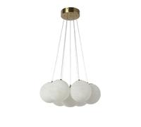 Suspension Dorée 7 Globes en Verre Opalin Effet Albâtre Ø15 cm, Hauteur Réglable 150 cm, 7 Douilles E14