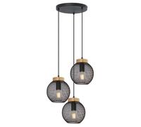Suspension industrielle en métal noir, plafonnier suspendu vintage, 3 ampoules, bois marron, 3x douilles E27, DxH 44x120cm