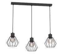 Suspension industrielle noire ? barre, 3 abat-jours grillagés E27, Parkla Luminex