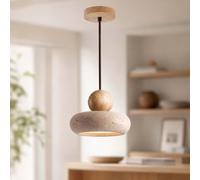 Suspension japonaise Wabi Sabi abat jour travertin naturel boule bois massif lampe LED suspendue îlot cuisine salle manger ou table chevet Idéale