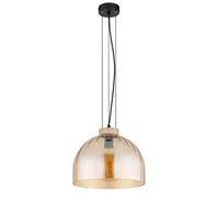 Suspension Lampe à suspendre Plafonnier noir mat verre ambre bois E27 H120cm