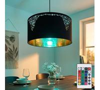 Lampe LED à intensité variable avec télécommande Lampe à suspendre noire Table à manger ronde dorée Lampe de salon, changement de couleur RGB, textile métal noir, 4W 470 lm blanc chaud, DxH 38x120 cm