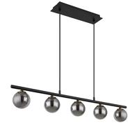 Suspension, lampe de table à manger, boule de verre, noir, 5 flammes, réglable en hauteur, métal verre fumé, 5x douilles G9, LxlxH 90x10x120 cm