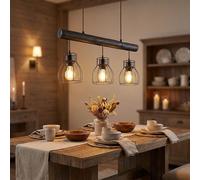 Suspension Lampe De Table À Manger Grille 3 Flammes Poutre En Bois LED H 140 Cm [EEK: Non noté]