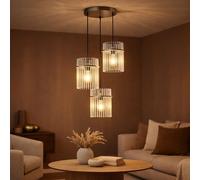 Suspension Lampe de table à manger Lampe à suspendre Salon 3 flammes, métal noir bois brun verre fumé, 3x E27, DxH 47 x 140 cm