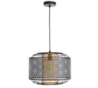 Suspension, lampe de table à manger, lampe de salon, lampe de cuisine, grille en métal noir, cylindre doré, 1x E27, H 150 cm