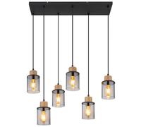 Suspension lampe de table à manger noire 4 flammes verre fumé lampe suspendue bois réglable en hauteur, métal, 6x douilles E27, LxlxH 62x18x120 cm