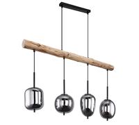 Suspension, lampe en bois, 4 flammes, abat-jour en verre, couleur fumée