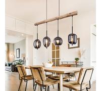 Suspension, lampe en bois, 4 flammes, abat-jour en verre, couleur fumée, suspension, suspension, lampe de salon, verre métal, noir naturel, 4x douilles E14, LxlxH 100x18,5x130 cm