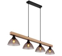 Suspension Lampe en bois Lampe à suspendre, hauteur réglable 4 flammes, poutre en bois verre fumé métal noir mat, 4x E14 douilles, LxlxH 96x17x150cm