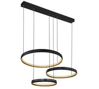 Suspension lampe noire dimmable lampe de salle à manger, anneaux LED télécommande CCT, métal or, LED 55W 1800lm 2700-6000K, LxlxH 76,7x50,3x150 cm