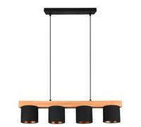 Suspension lampe suspension lampe en bois suspension lampe suspension salle à manger lampe salle à manger, hauteur réglable 4 flammes, bois naturel tissu noir or, 4x douilles E14, HxLxP 150x75x12 cm