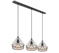Suspension LED Lampe de plafond Lampe de salon Lampe de salle à manger, métal noir corde de chanvre marron abat-jour en treillis, 3x 7W 806Lm blanc chaud, L 100 cm