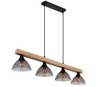 Suspension LED Lampe en bois Lampe à suspendre, 4 flammes, poutre en bois verre fumé métal noir mat, 4x 4W 4x 350lm blanc chaud, LxlxH 96x17x150cm