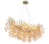 Suspension LED, lustre, lampe de salle à manger à 10 ampoules, métal doré et verre, L 100 cm