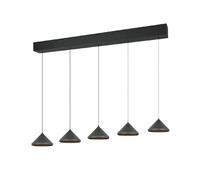 Suspension LED noire LAGUNA Trio ? 5 abat-jours coniques, barre moderne